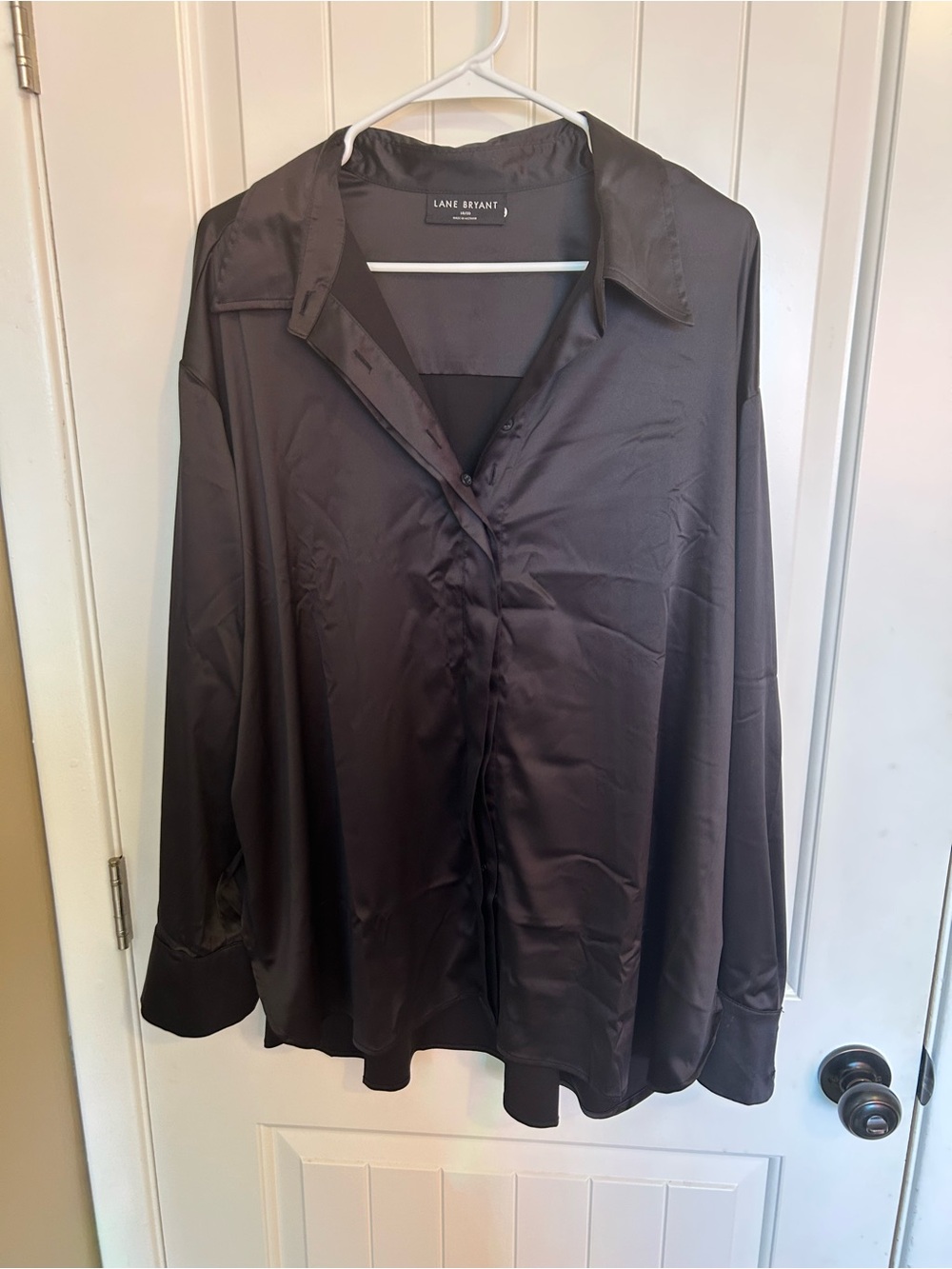 Lane Bryant Black Satin Long-Sleeve Button Down Shirt